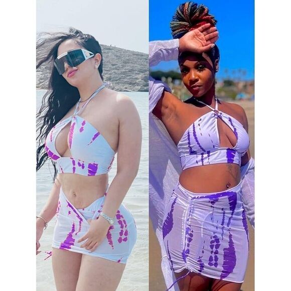 NEW Evelust Sexy 3 Pc Swimsuits -Cutout O-Ring Halter Bikini & Cover Up Skirt LG - Picture 15 of 16